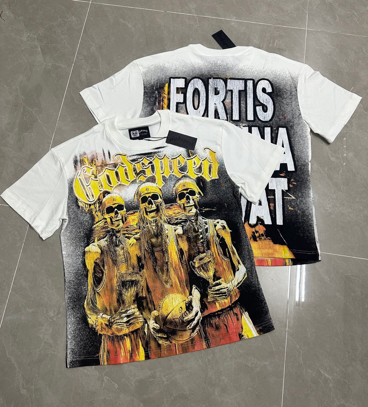 Godspeed Skeleton Basketball Champions Vintage Short‑Sleeve Tee (White)
