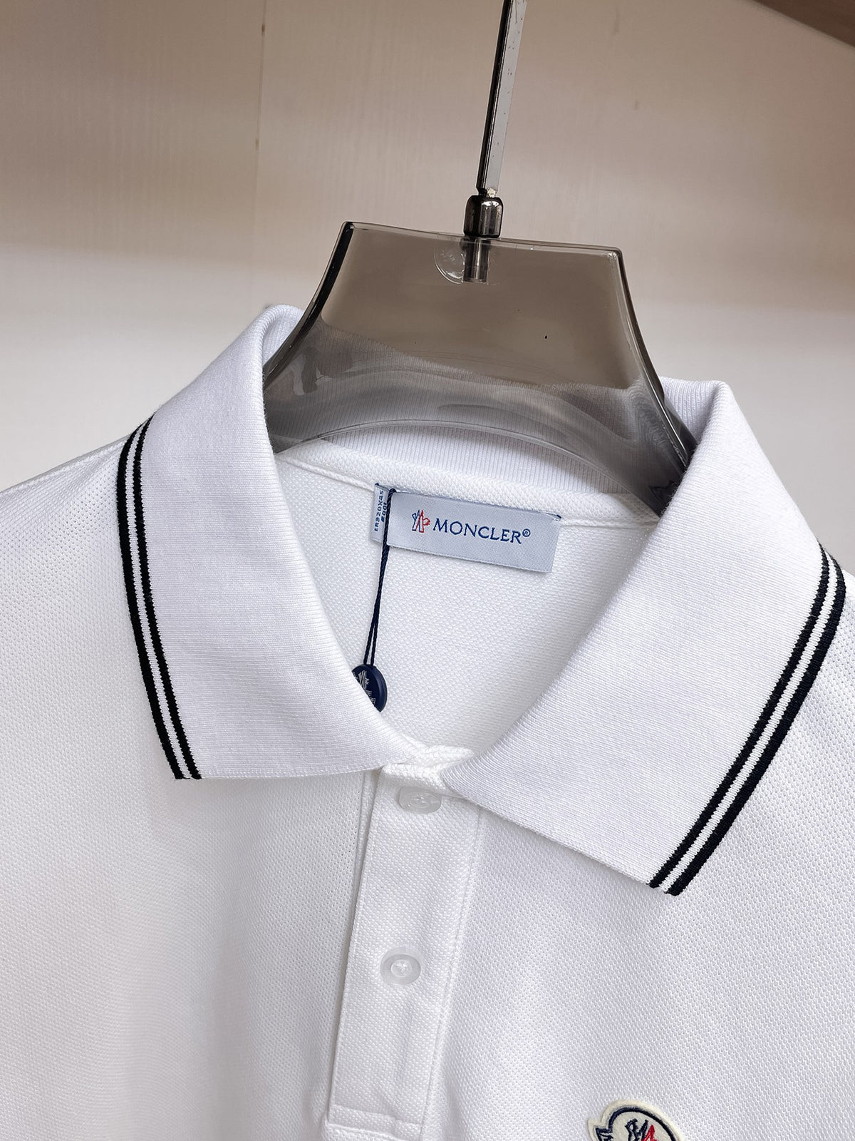 Moncler Striped‑Trim Short‑Sleeve Polo Shirt (White)