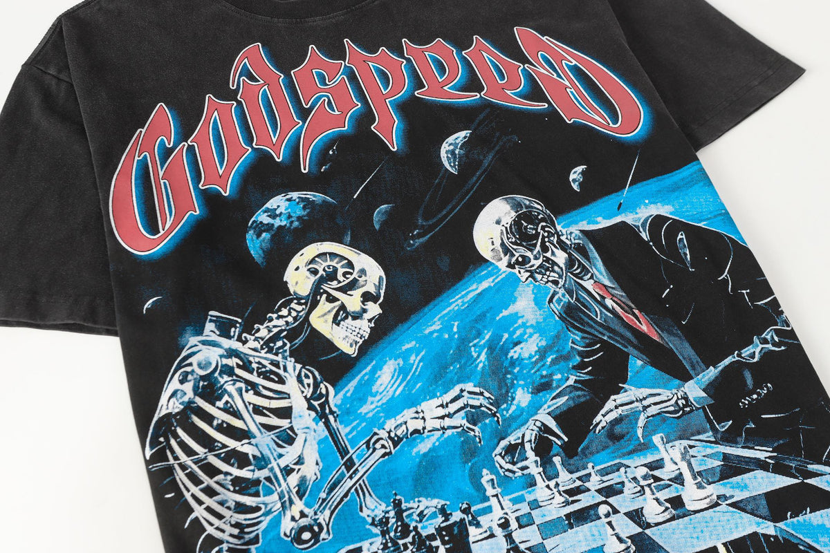 Godspeed Skeletons Playing Chess Space Short Sleeve Tee (Washed Black)