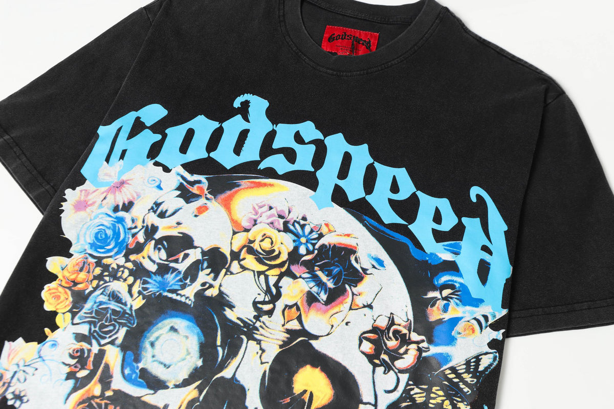 Godspeed Psychedelic Floral Skull Short‑Sleeve T‑Shirt (Black)