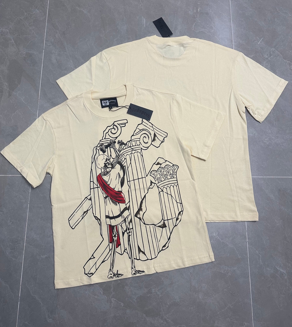 Godspeed Skeleton Roman Sculptor Vintage Short‑Sleeve Tee (Cream)
