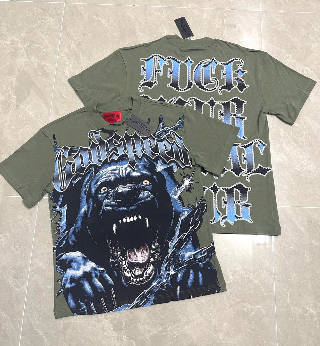 Godspeed Roaring Pitbull Vintage Short‑Sleeve Tee (Olive Green)