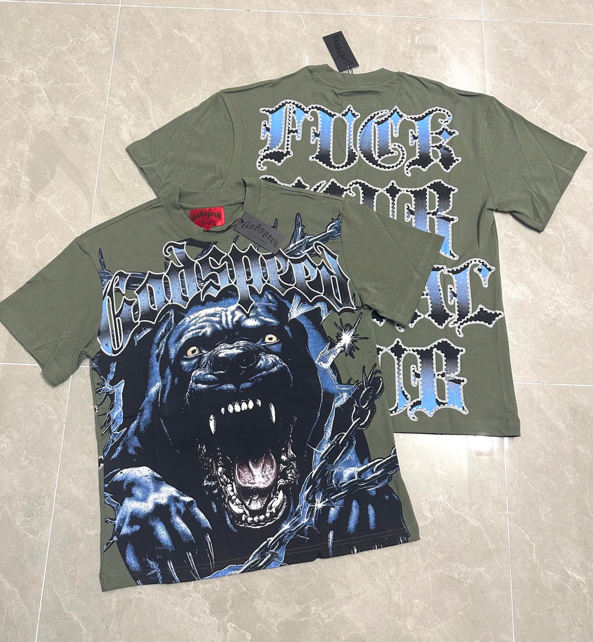Godspeed Roaring Pitbull Vintage Short‑Sleeve Tee (Olive Green)