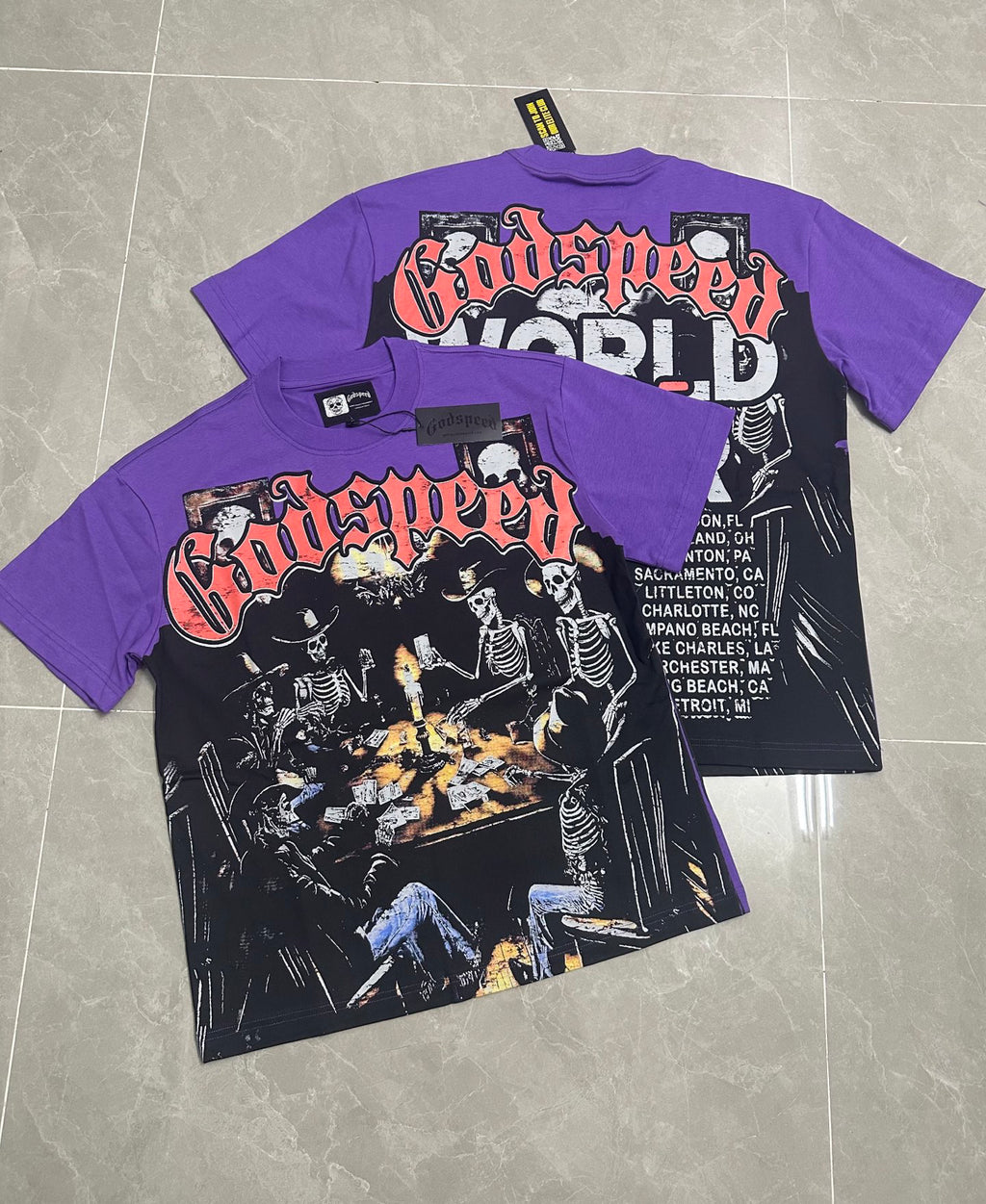 Godspeed Skeleton Cowboys Poker Game Vintage Short‑Sleeve Tee (Purple)