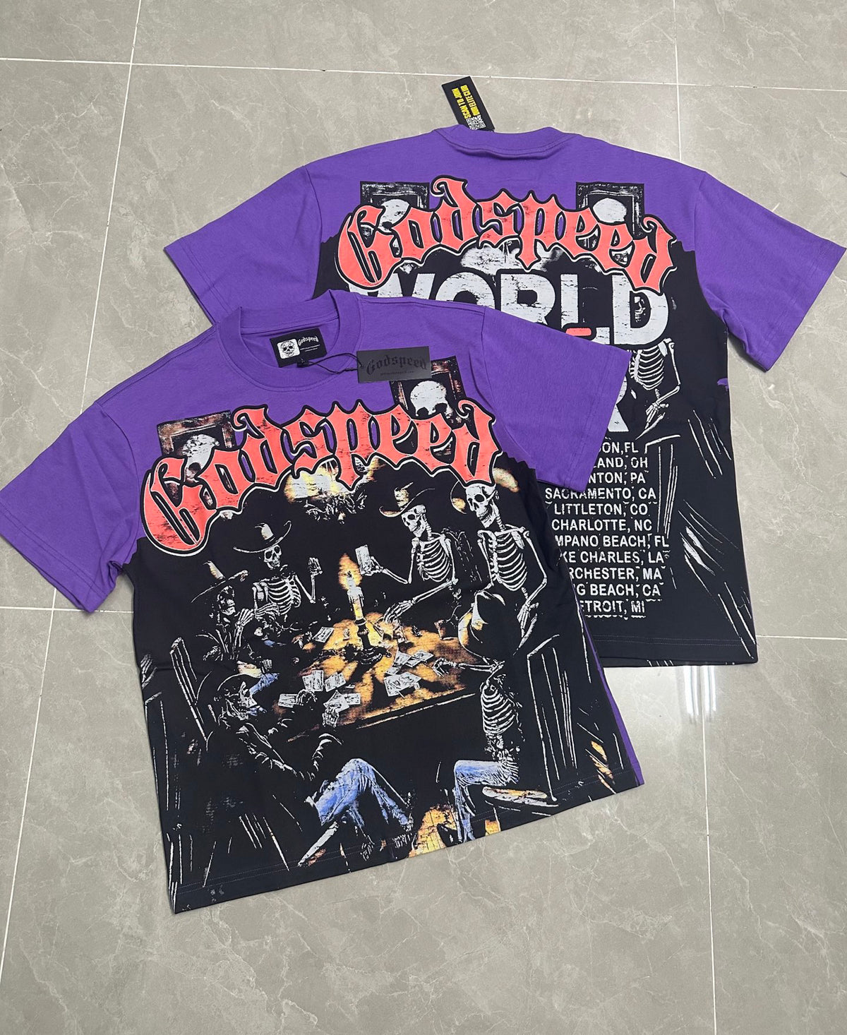 Godspeed Skeleton Cowboys Poker Game Vintage Short‑Sleeve Tee (Purple)