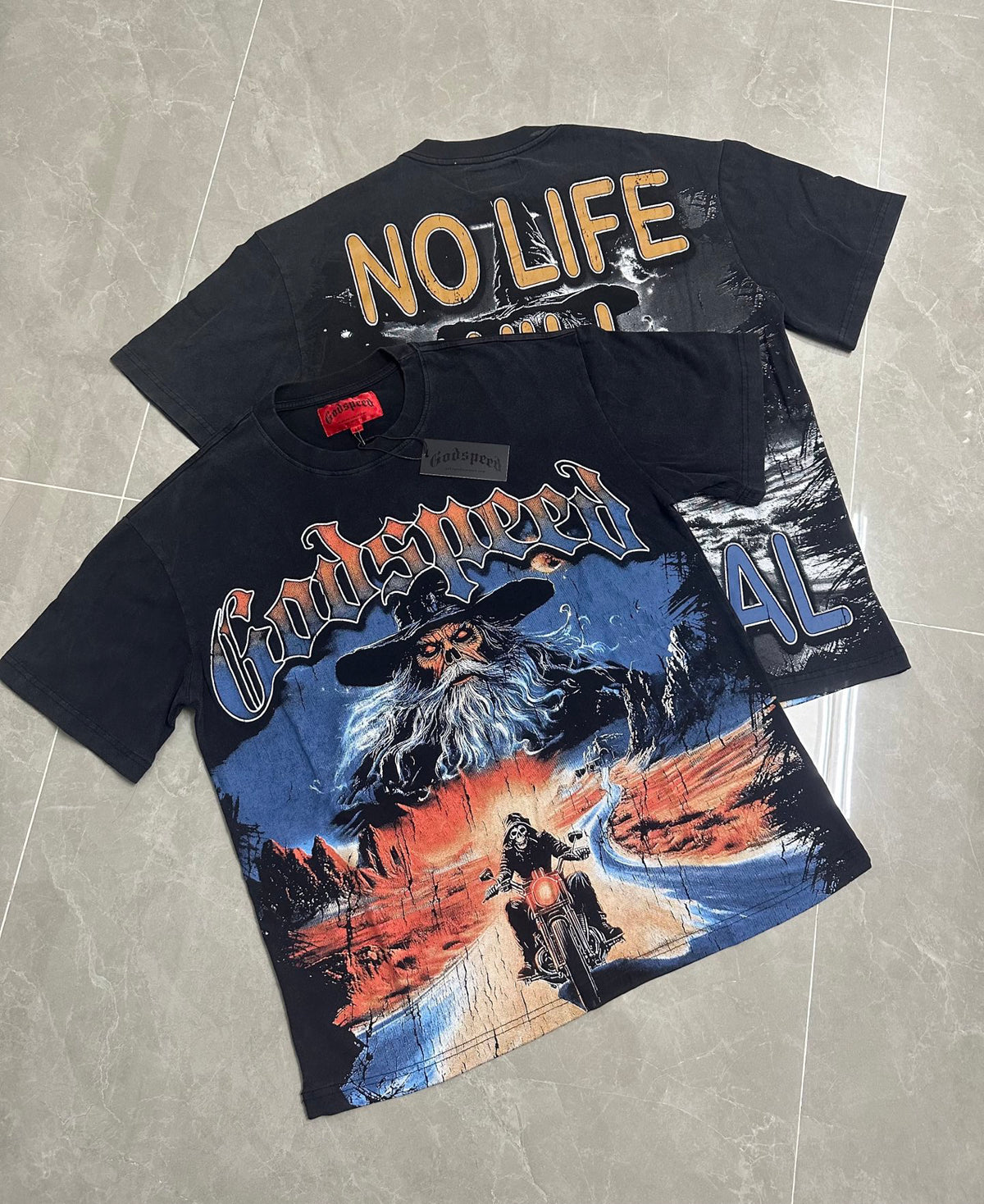 Godspeed Wizard & Skeleton Biker Vintage Wash Short‑Sleeve Tee (Washed Black)