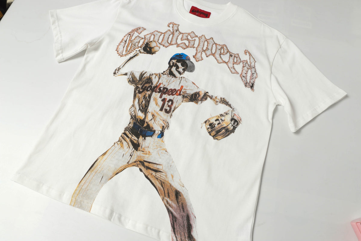 Godspeed Skeleton Baseball Pitcher "Out Of Many, One" Double‑Sided Graphic T‑Shirt