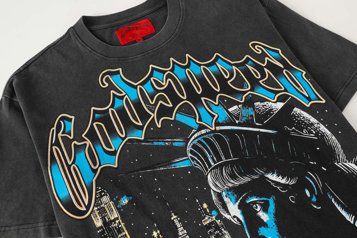 Godspeed Statue Of Liberty New York City Short Sleeve Tee (Washed Black)