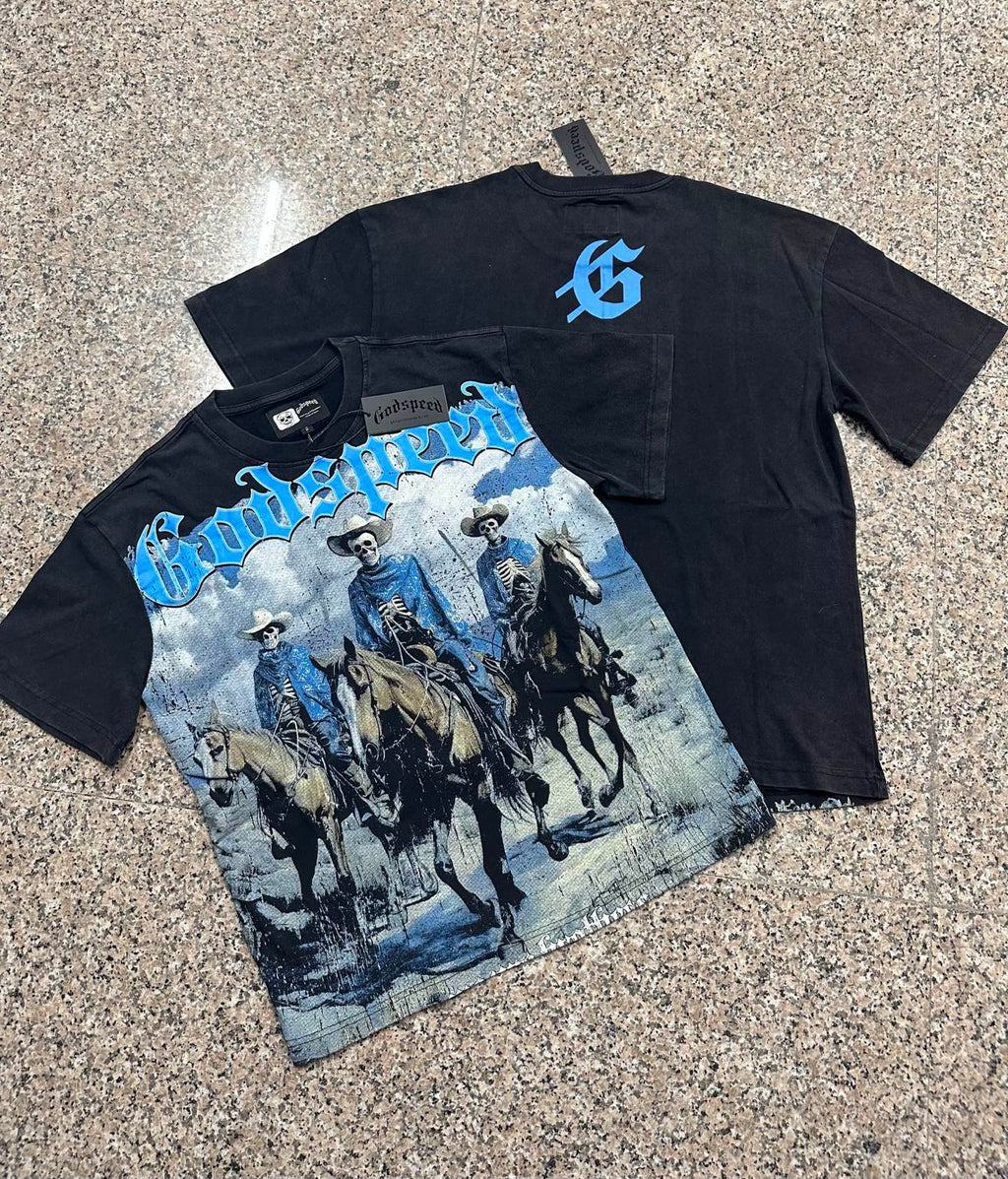 Godspeed Wild West Three Skeleton Cowboy Riders Short‑Sleeve Tee (Washed Black)