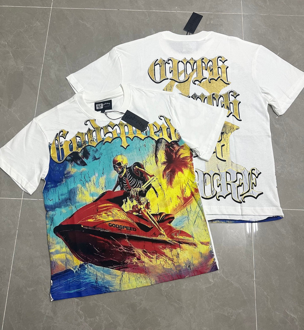 Godspeed Skeleton Jet‑Ski Summer Vintage Short‑Sleeve Tee (White)