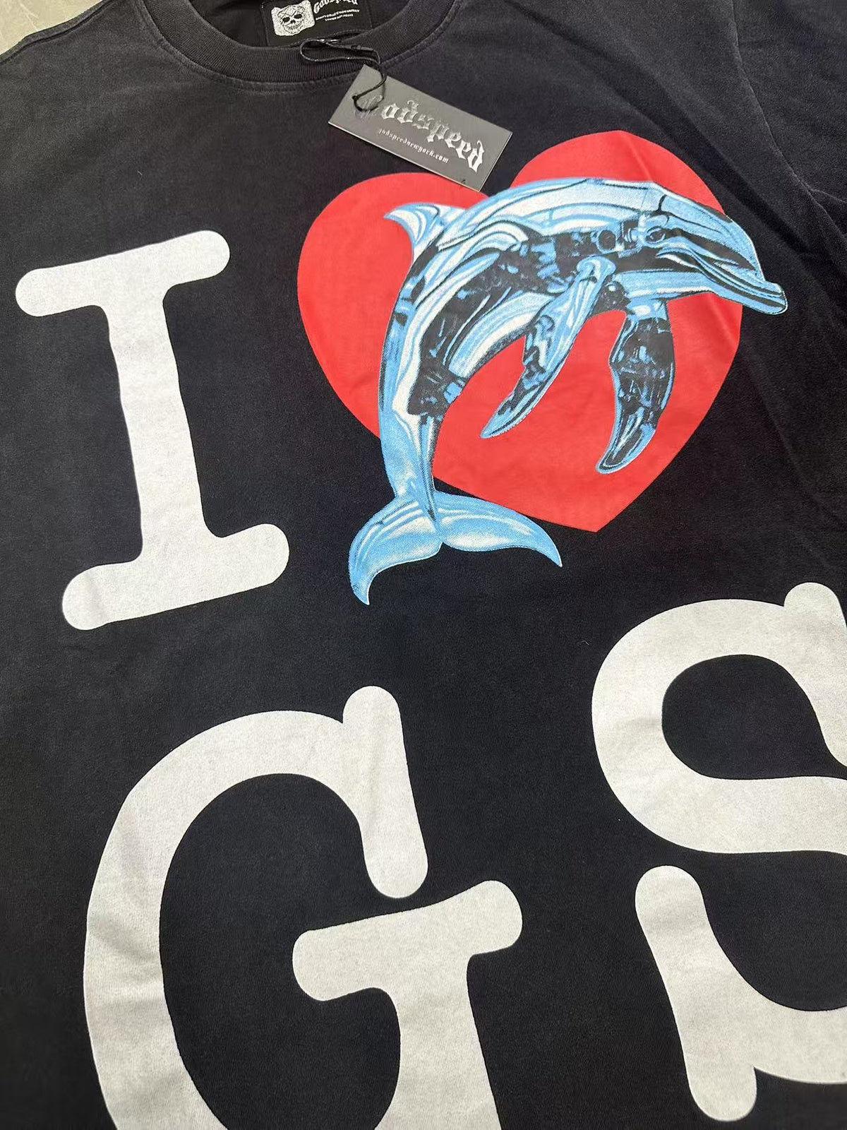 Godspeed I Love GS Dolphin Graphic T‑Shirt (Washed Black)