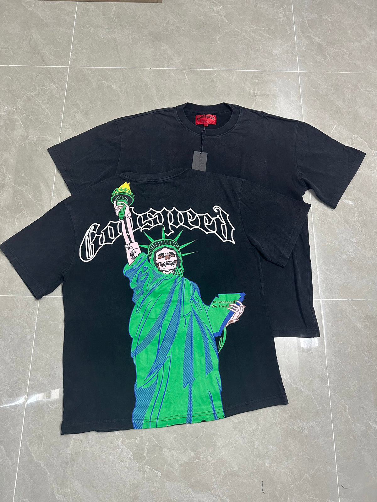 Godspeed Skeleton Statue Of Liberty Short Sleeve Tee (Washed Black)
