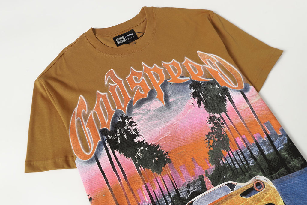 Godspeed Sunset LA Ferrari Highway Vintage Graphic Tee (Brown)