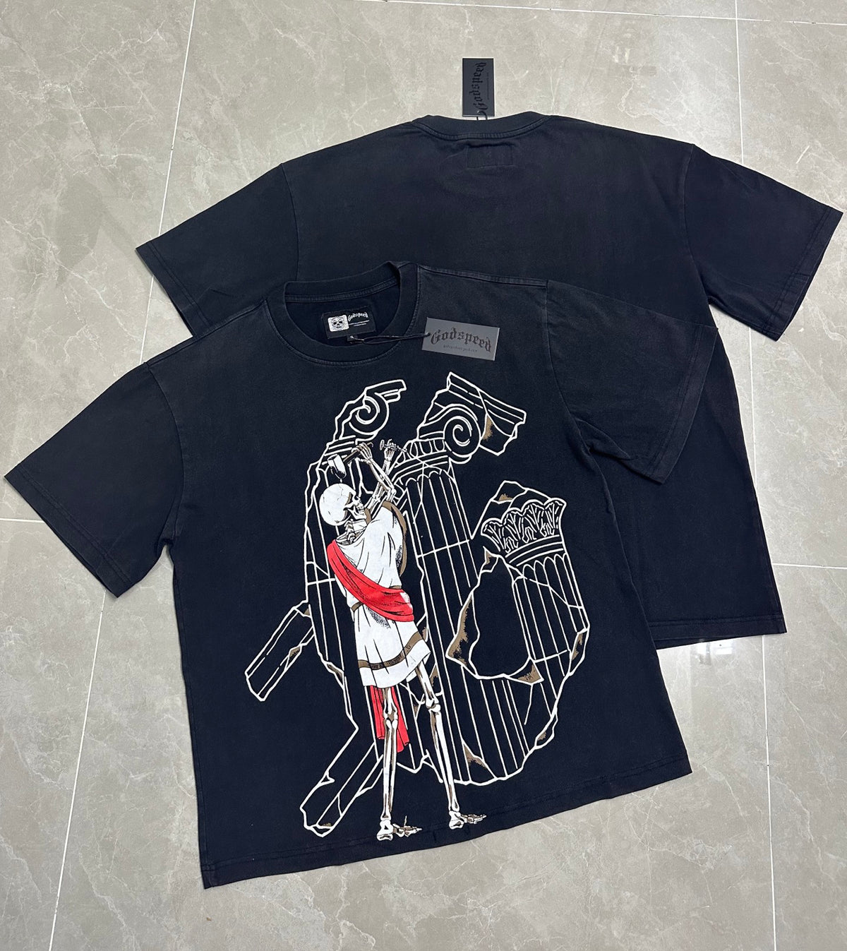 Godspeed Roman Skeleton Ruins Vintage Short‑Sleeve Tee (Washed Black)