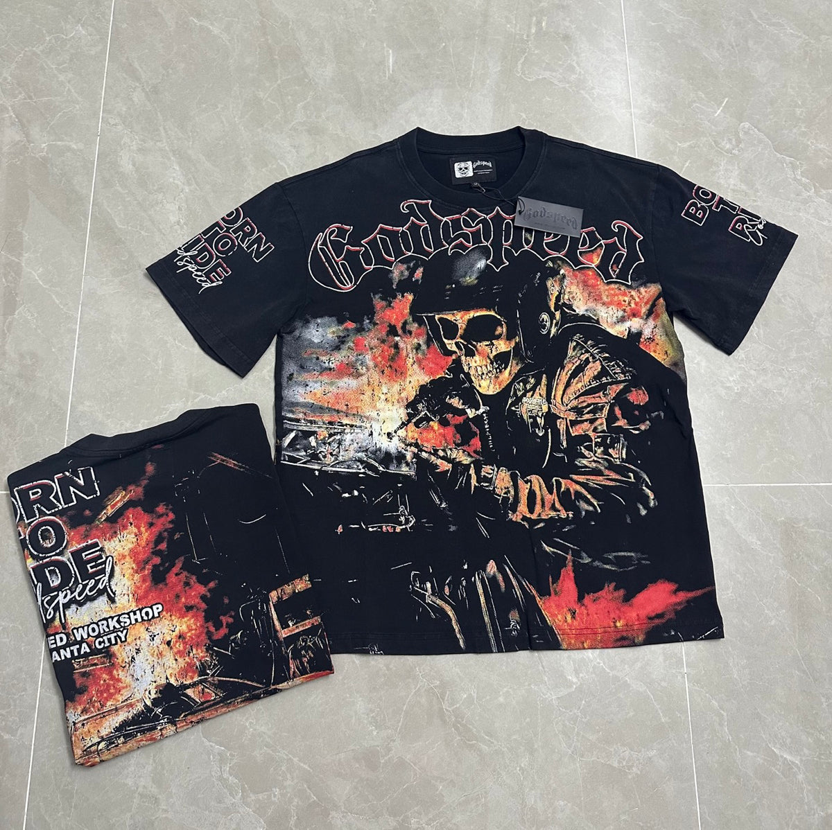 Godspeed Skeleton Biker Vintage Wash Short‑Sleeve Tee (Washed Black)