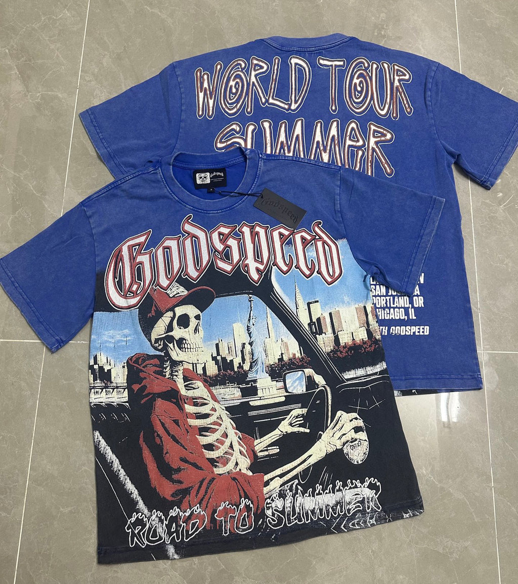 Godspeed NYC Skeleton Driver Vintage Wash Short‑Sleeve Tee (Washed Blue)