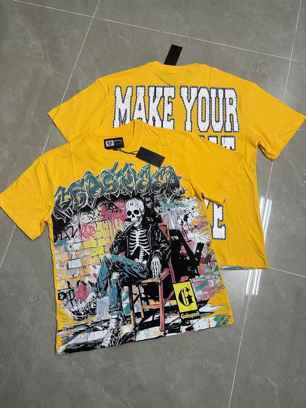 Godspeed Graffiti Wall Skeleton Short Sleeve Tee (Mustard Yellow)