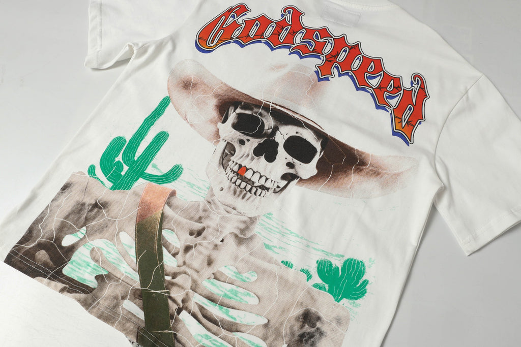 Godspeed Cowboy Skeleton Desert Cactus Double‑Sided Graphic T‑Shirt