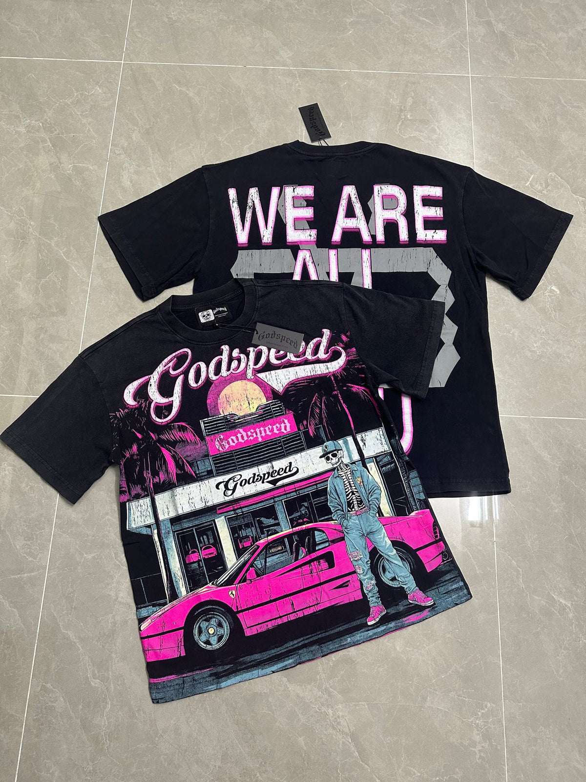 Godspeed Miami Skeleton Sports Car Vintage Wash Short‑Sleeve Tee (Washed Black)