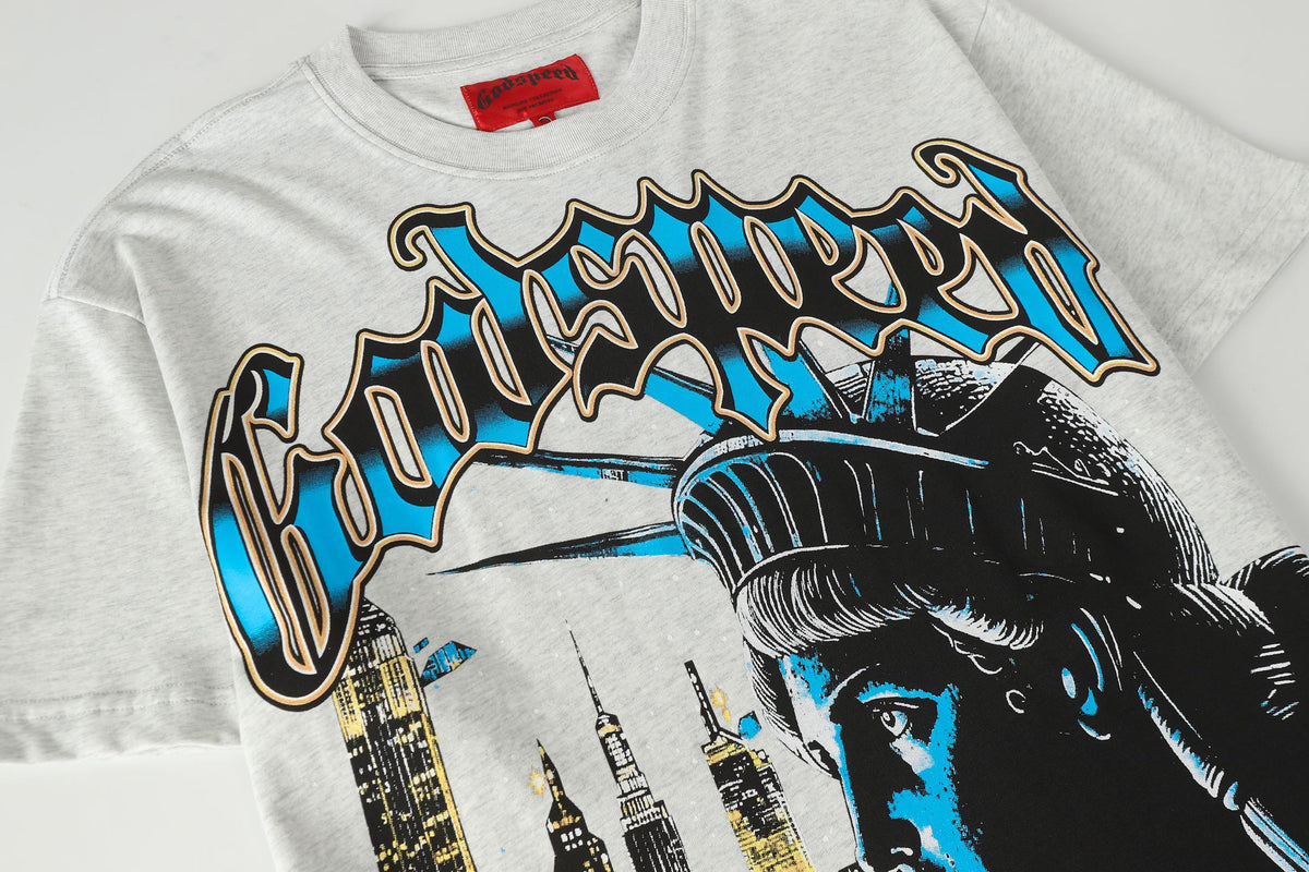 Godspeed Night NYC Statue Of Liberty Back‑Print Short Sleeve Tee (Heather Grey)