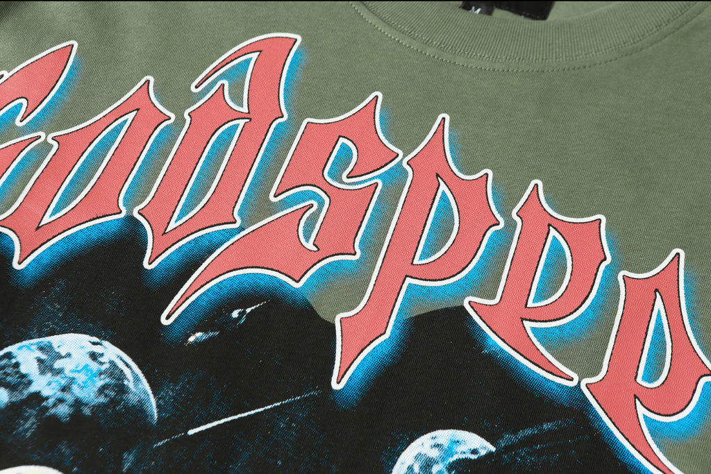 Godspeed Skeletons Playing Chess Space Short Sleeve Tee (Olive Green)