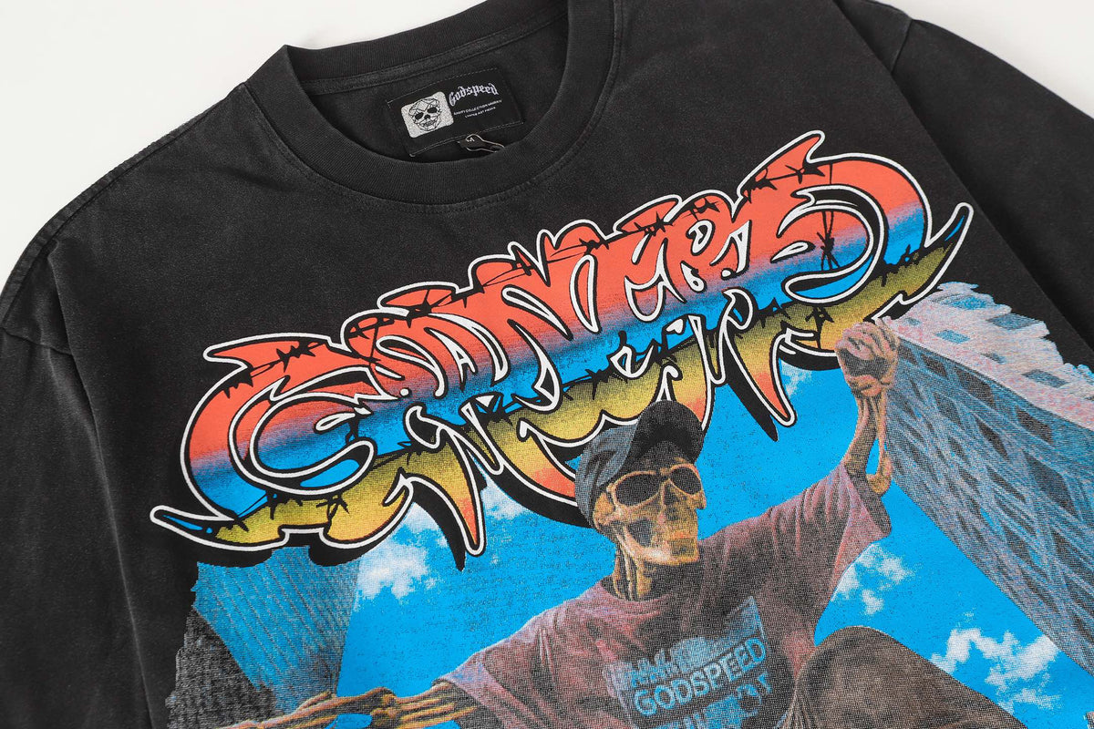 Godspeed Skeleton Skateboard City Graphic T‑Shirt (Washed Black)