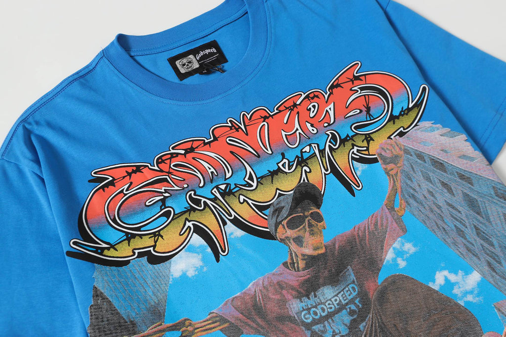 Godspeed Skeleton Skateboard City Graphic T‑Shirt (Bright Blue)