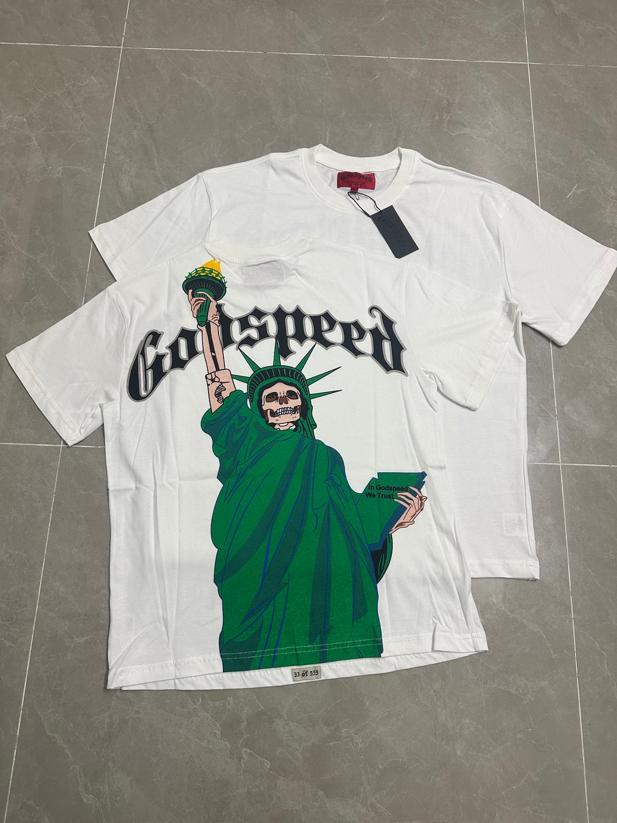 Godspeed Skeleton Statue Of Liberty Back‑Print Short Sleeve Tee (Vintage White)
