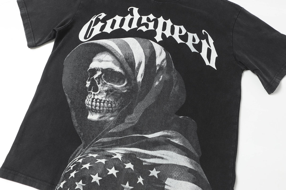 Godspeed American Flag Hooded Skeleton Short‑Sleeve T‑Shirt (Black)
