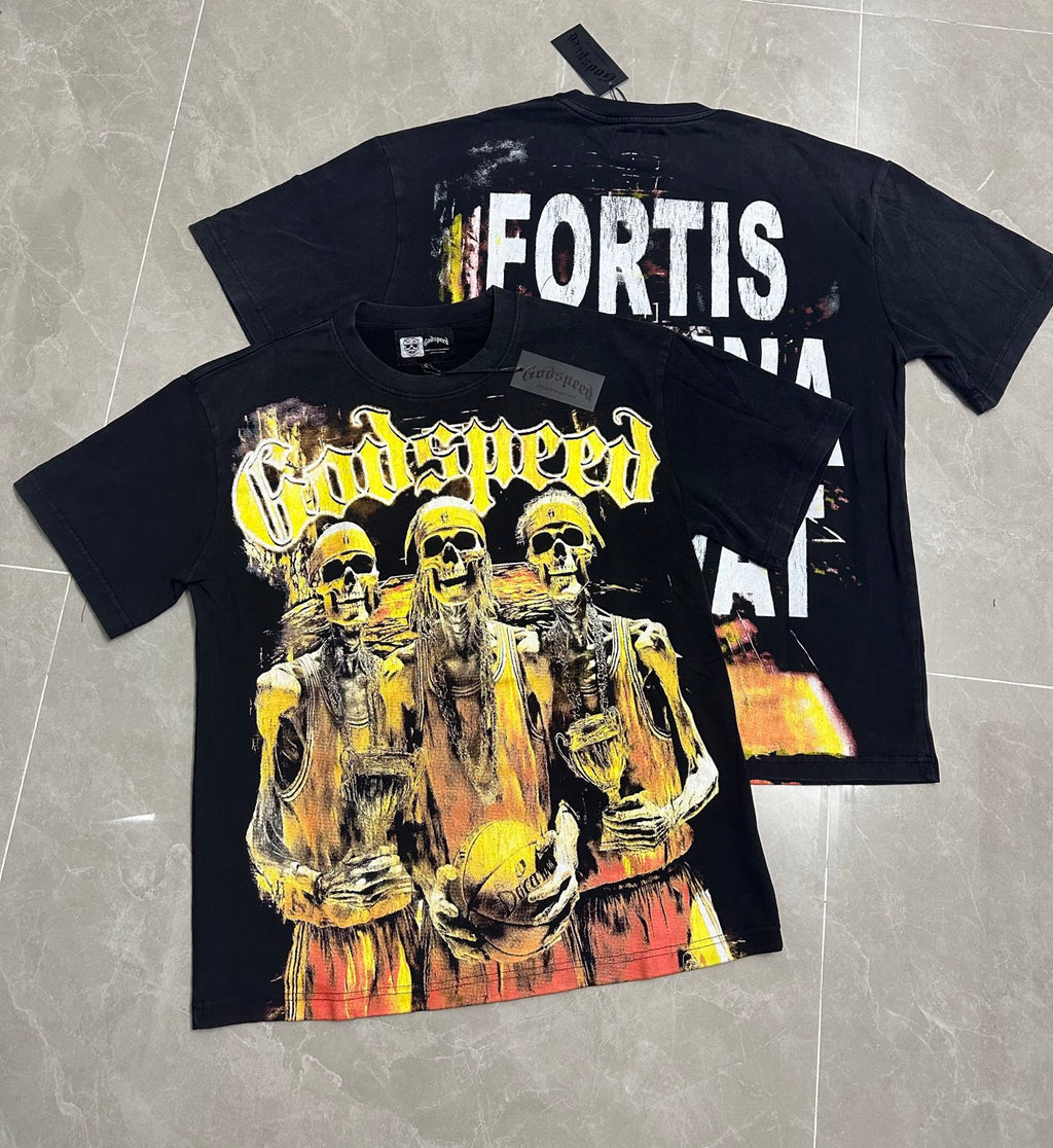 Godspeed Basketball Champion Skeletons Vintage Short‑Sleeve Tee (Washed Black)