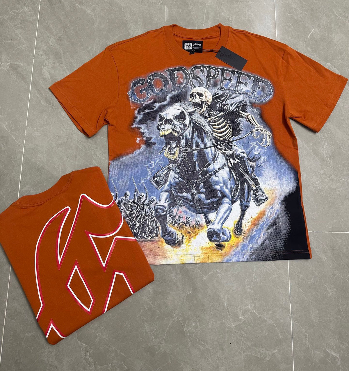 Godspeed Skeleton Horseman Vintage Short‑Sleeve Tee (Orange)