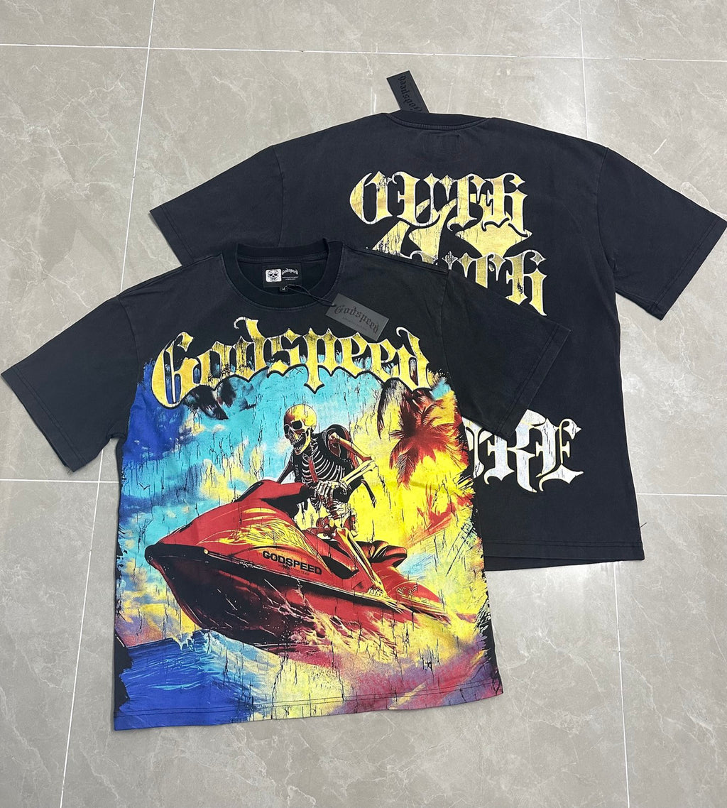Godspeed Skeleton Jet‑Ski Summer Vintage Short‑Sleeve Tee (Washed Black)