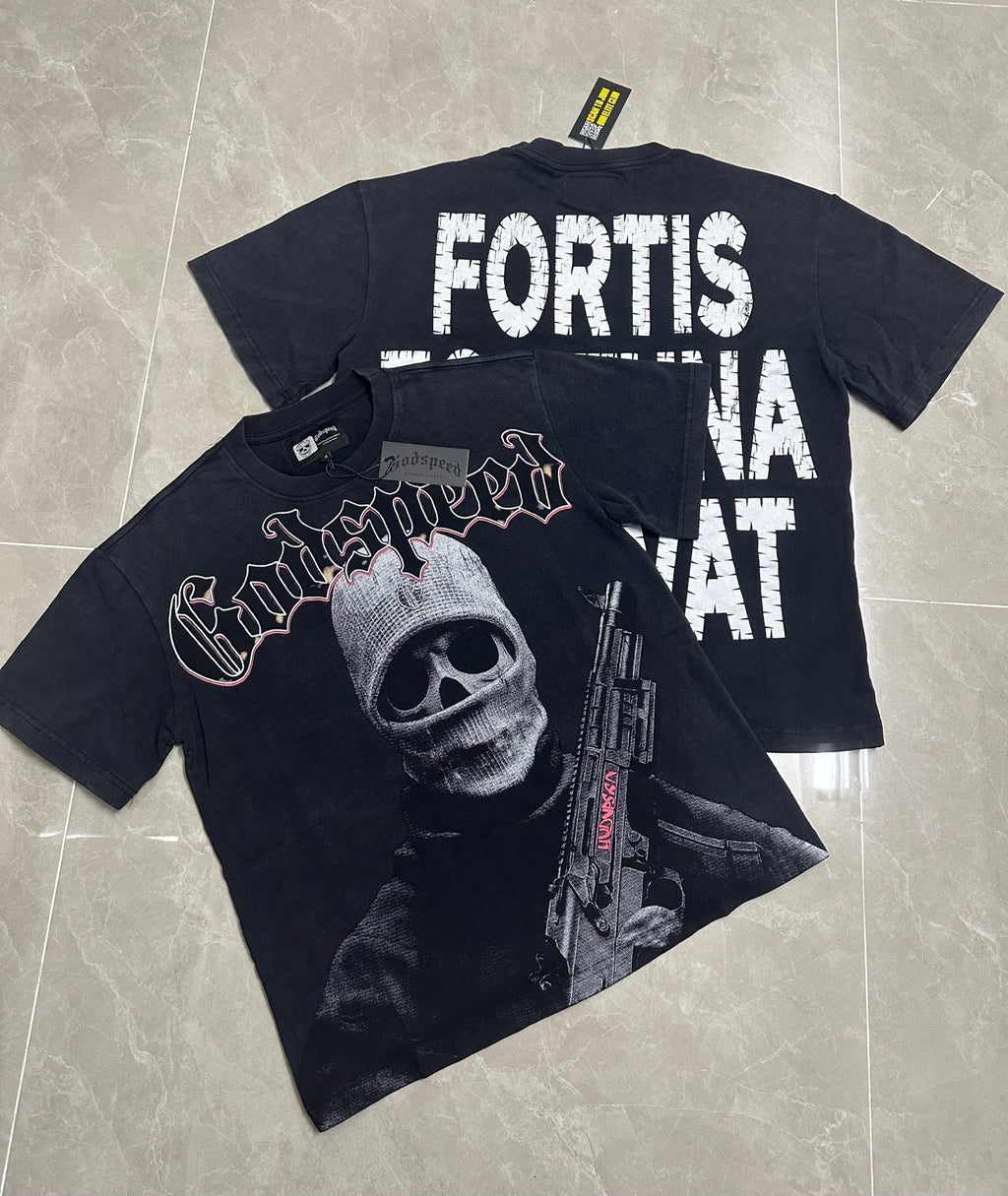 Godspeed Skull Balaclava Gunman Vintage Short‑Sleeve Tee (Washed Black)