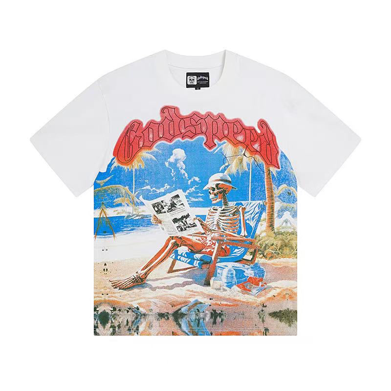 **Godspeed Beach‑Skeleton Vacation Vintage Short‑Sleeve Tee (White)**