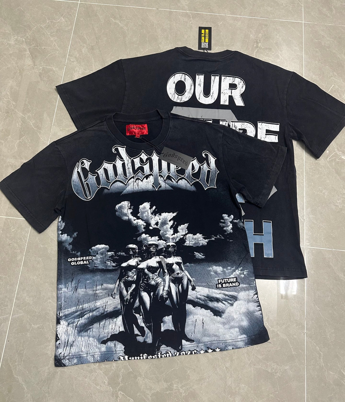 Godspeed Futuristic Sky Women Sci‑Fi Vintage Wash Short‑Sleeve Tee (Washed Black)