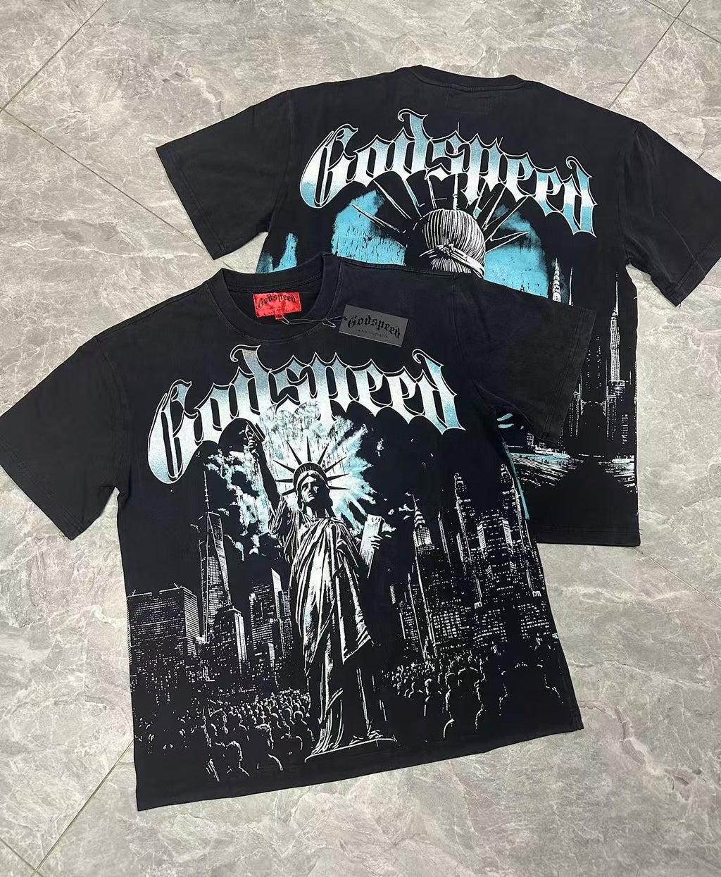 Godspeed Liberty Statue Crowd NYC Short Sleeve Tee (Washed Black)