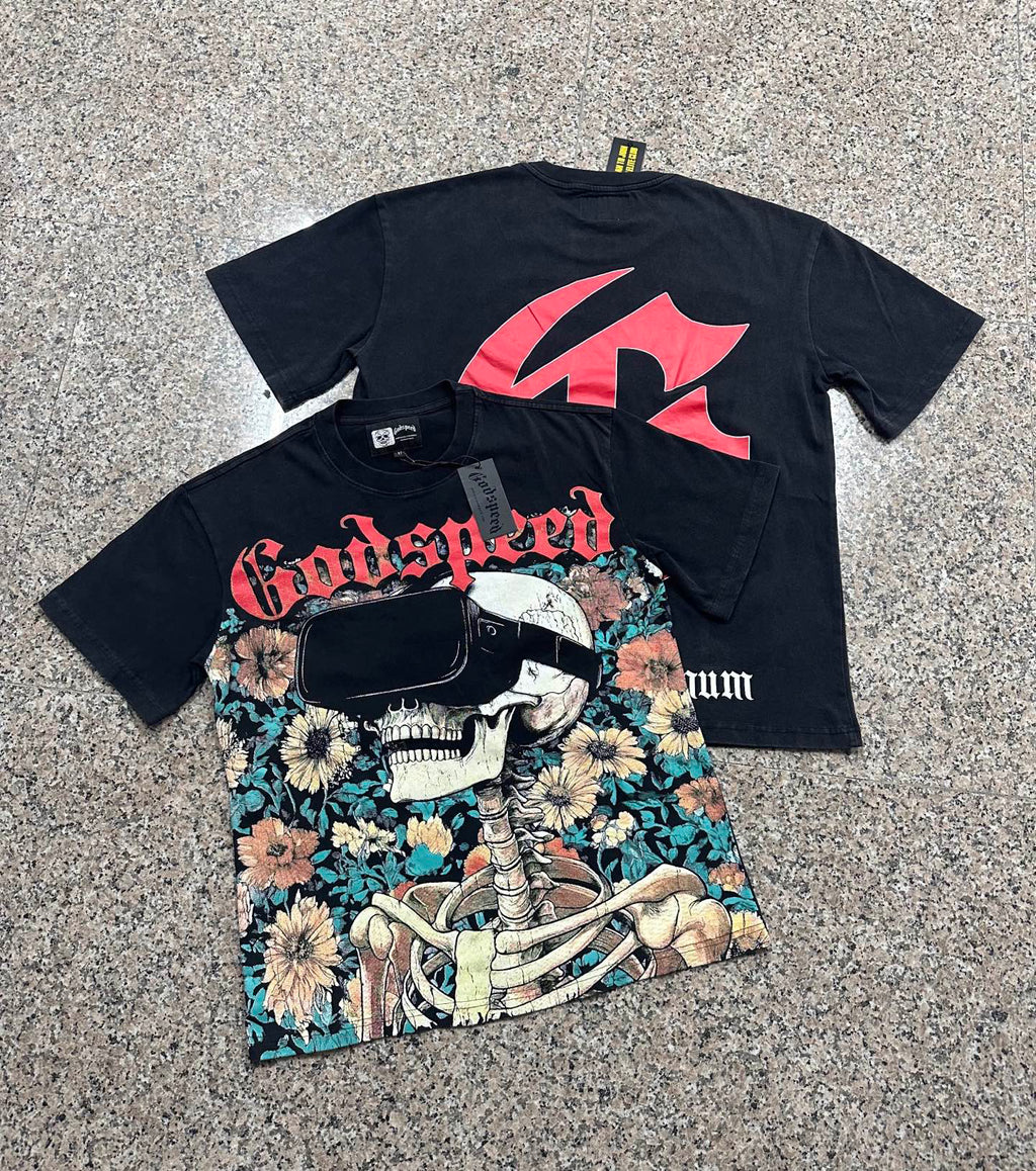 Godspeed VR‑Headset Skeleton Floral Vintage Short‑Sleeve Tee (Washed Black)