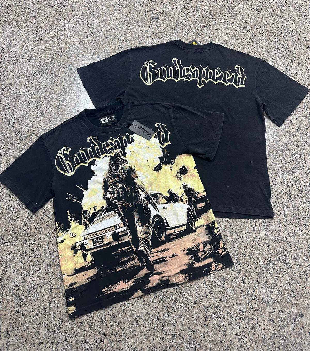 Godspeed Action Scene Retro Car Vintage Short‑Sleeve Tee (Washed Black)