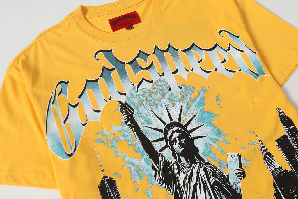 Godspeed Back‑View Statue Of Liberty NYC Short Sleeve Tee (Bright Yellow)