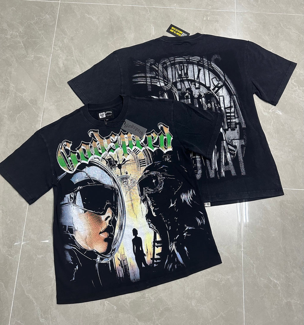 Godspeed Astronaut Time Clock Vintage Short‑Sleeve Tee (Washed Black)