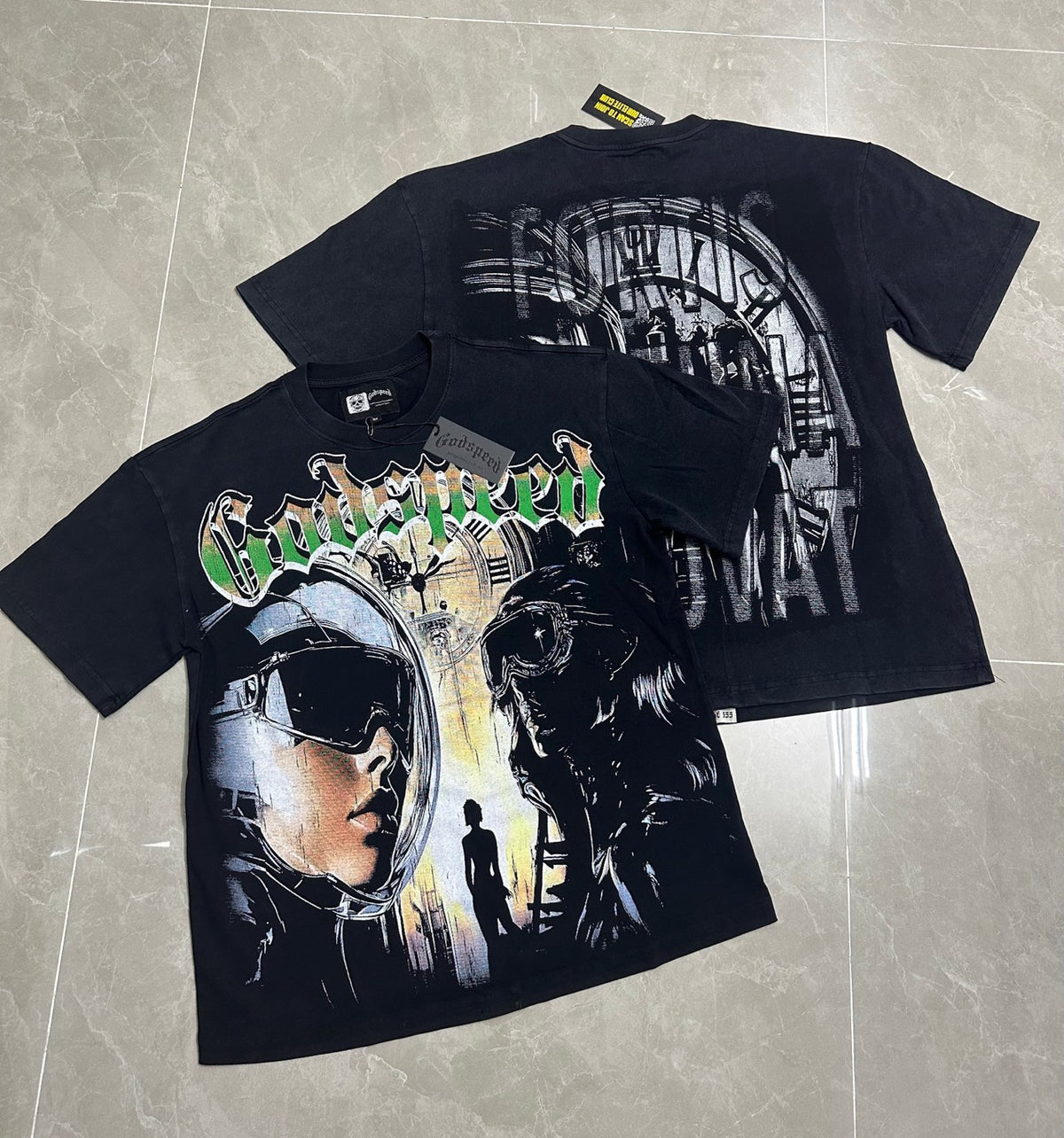 Godspeed Astronaut Time Clock Vintage Short‑Sleeve Tee (Washed Black)