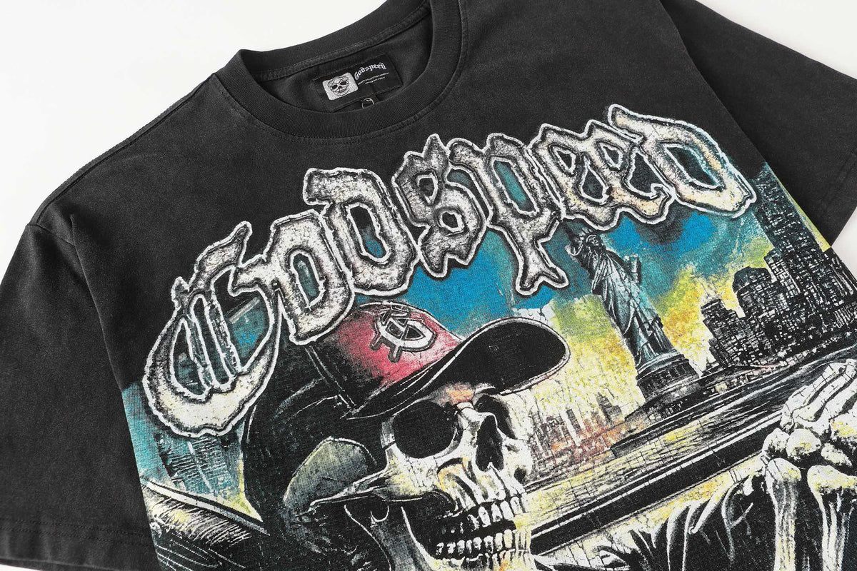 Godspeed Skeleton Driving NYC Short Sleeve Tee (Washed Black)
