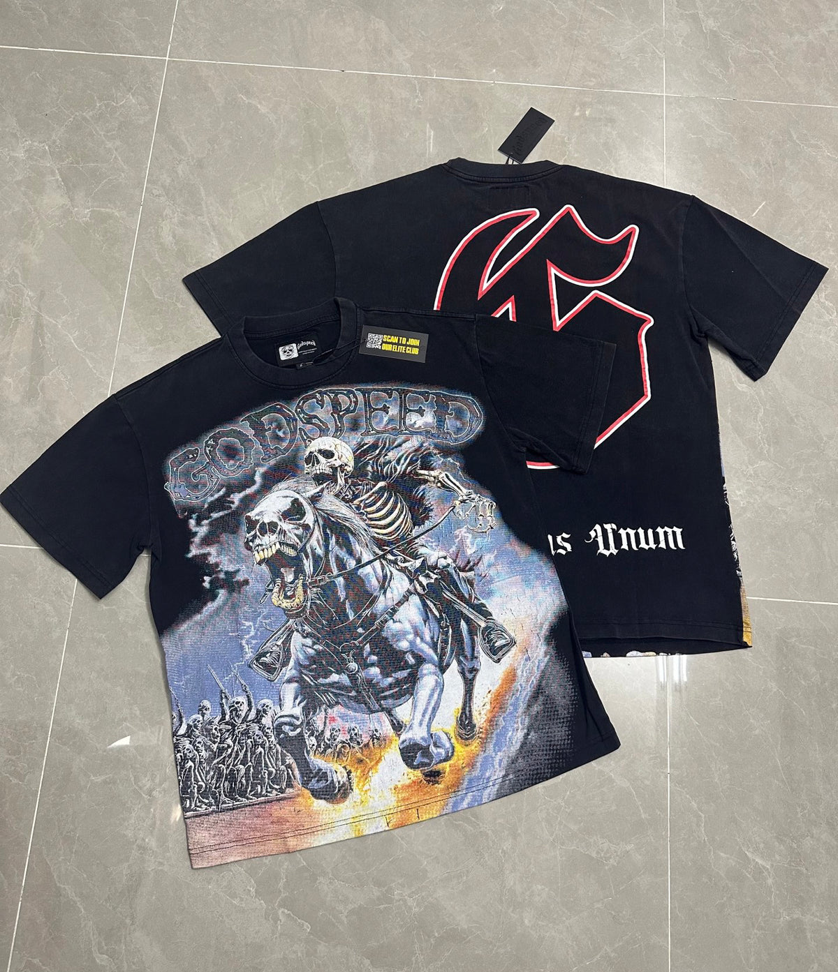 Godspeed Skeleton Horseman Vintage Short‑Sleeve Tee (Washed Black)