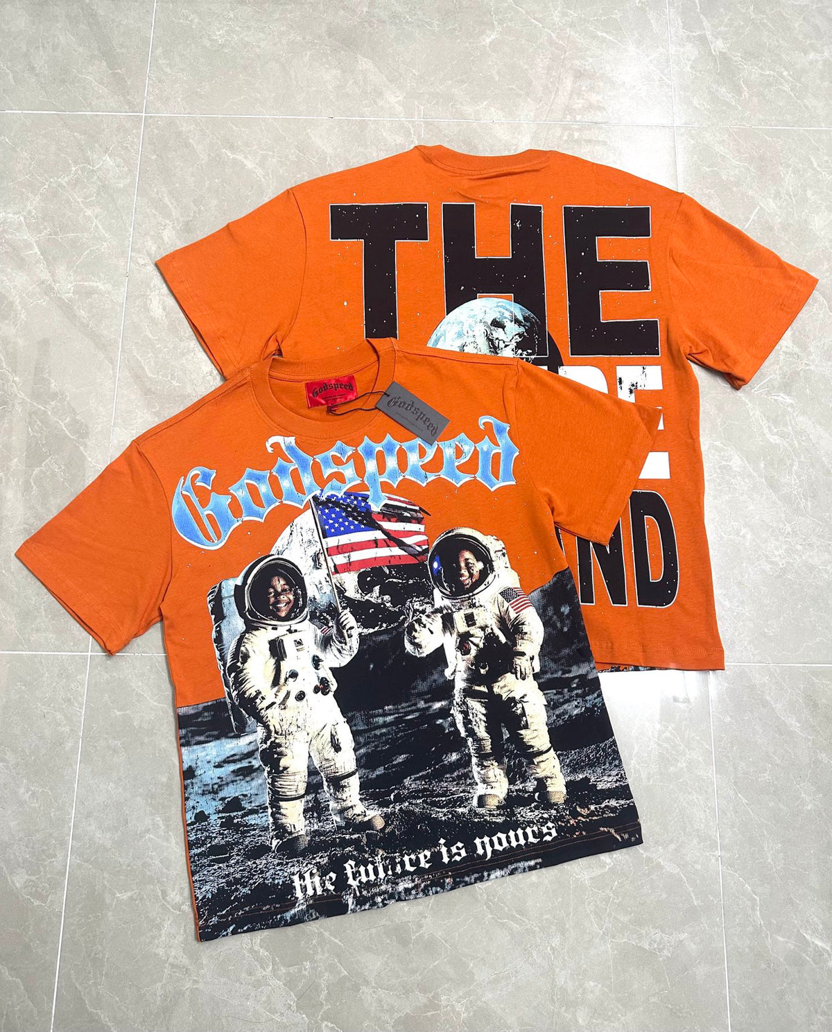 Godspeed Moon Landing Astronauts Short Sleeve Tee (Rust Orange)