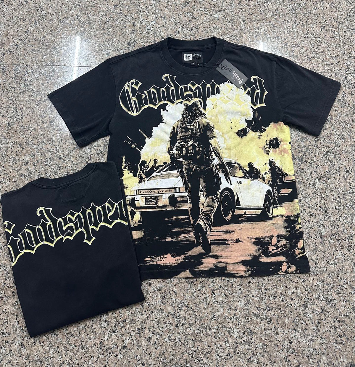 Godspeed Action Scene Retro Car Vintage Short‑Sleeve Tee (Washed Black)