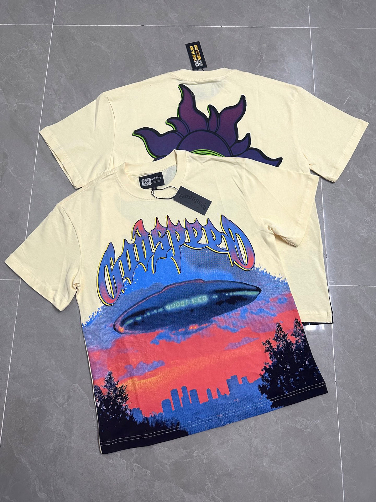 Godspeed UFO Skyline Vintage Short‑Sleeve Tee (Cream)