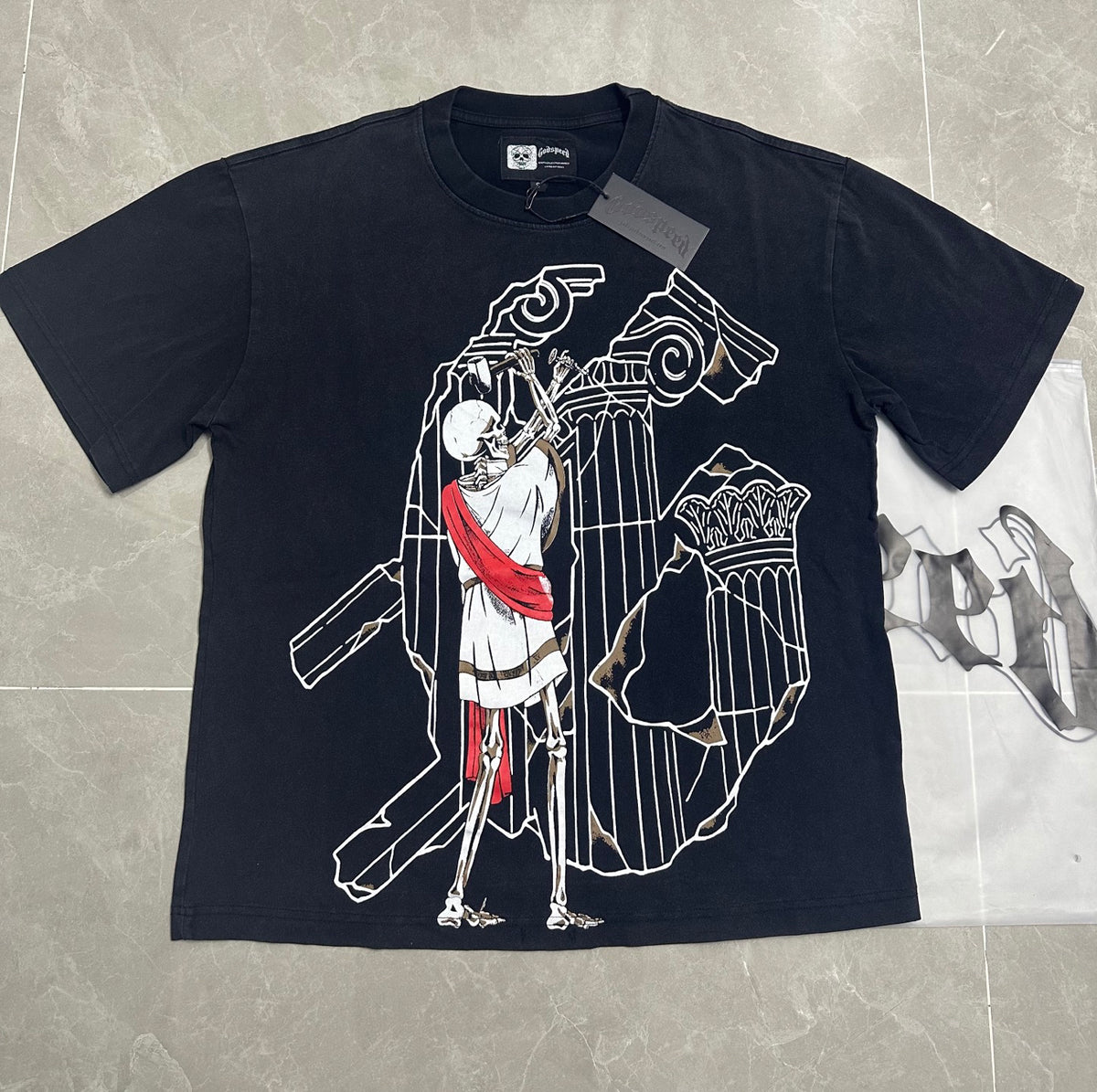 Godspeed Roman Skeleton Ruins Vintage Short‑Sleeve Tee (Washed Black)