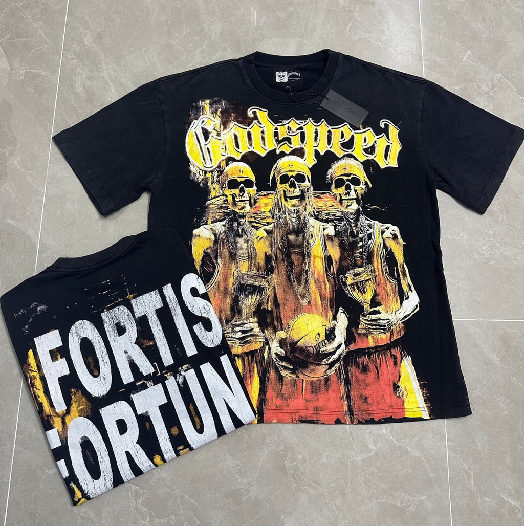 Godspeed Basketball Champion Skeletons Vintage Short‑Sleeve Tee (Washed Black)