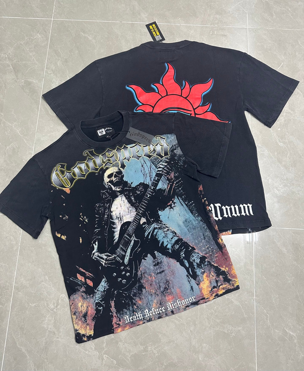 Godspeed Skeleton Rock Guitarist Vintage Wash Short‑Sleeve Tee (Washed Black)