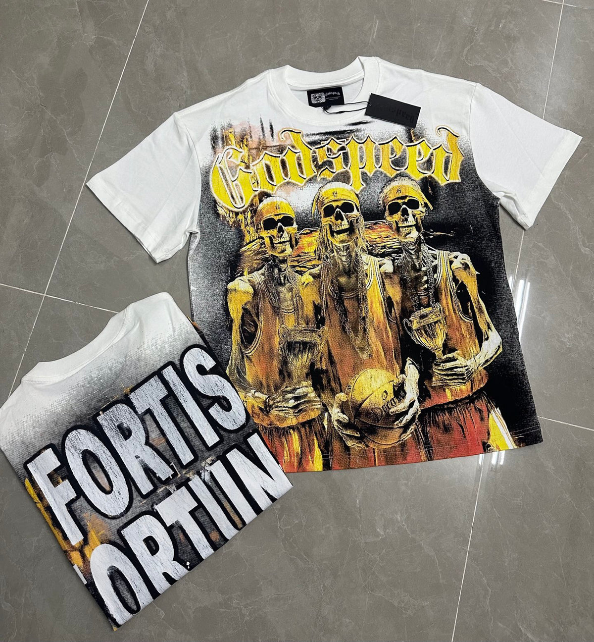 Godspeed Skeleton Basketball Champions Vintage Short‑Sleeve Tee (White)